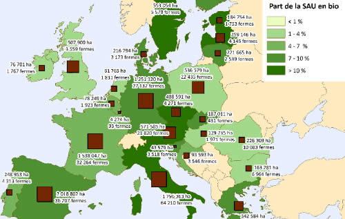 Carte de l'agriculture biologique en Europe par l'Agence Bio
