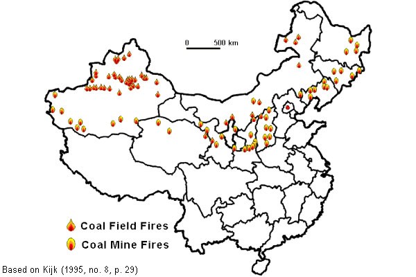 Carte des feux de mines à charbon en Chine