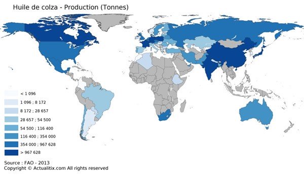 La carte du monde de la production d'huile de colza